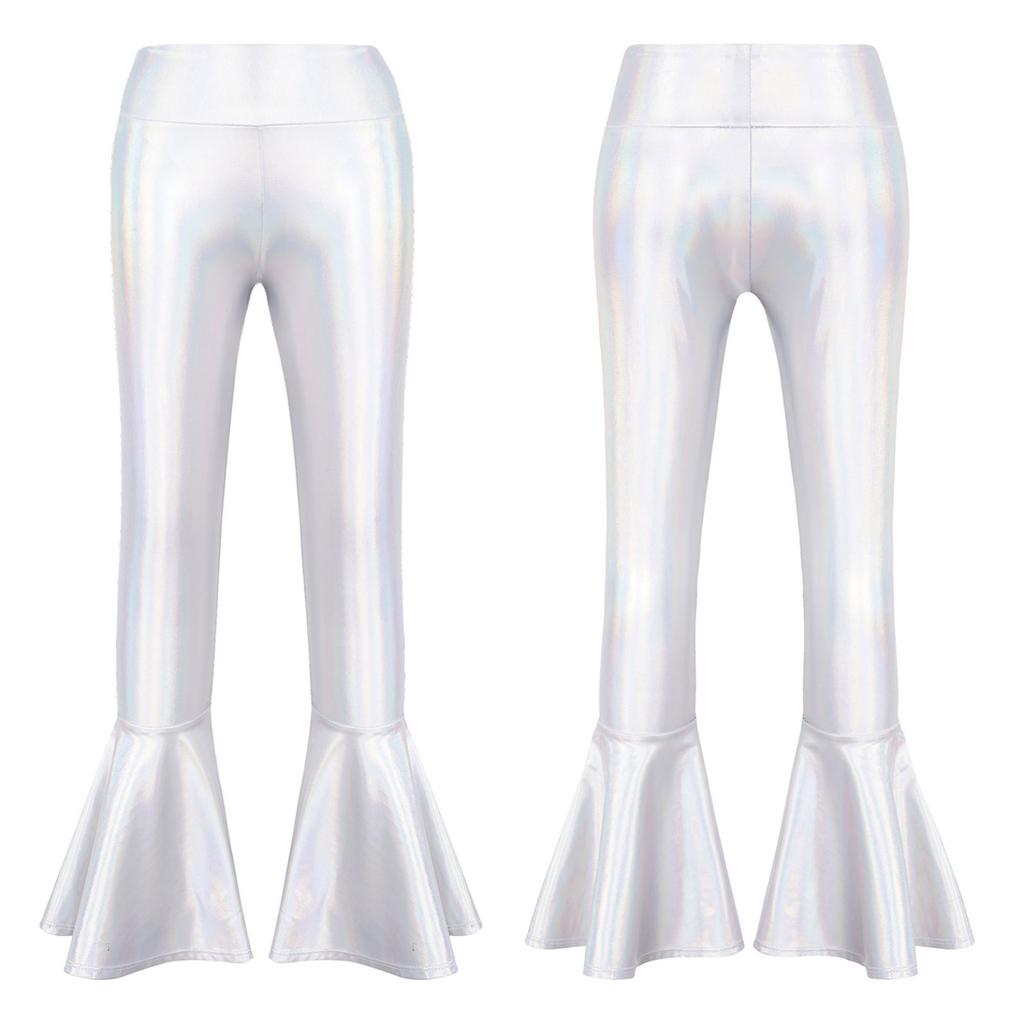 Бронзовые тканевые расклешенные брюки с высокой талией, детская одежда для танцев для девочек, сценический костюм, длинные брюки-клеш с рюшами на подол