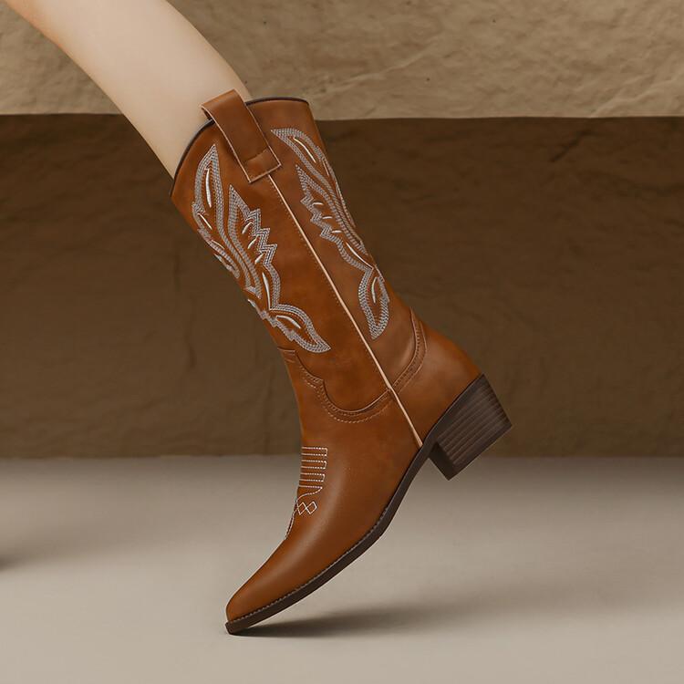 Модные женские ботинки из спилковой кожи на осень-зиму, модные вышитые ботинки с острым носком для женщин, ботинки до середины икры, ботильоны женские, рыцарские ботинки
