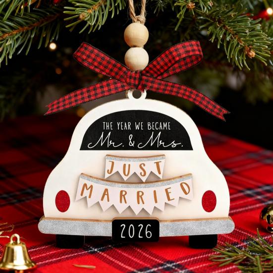 First Christmas Married Ornament Rustic Wooden Car Wedding Ornament with Buffalo Plaid Bow for Couples Bridal Shower Newly Married Wedding Decor