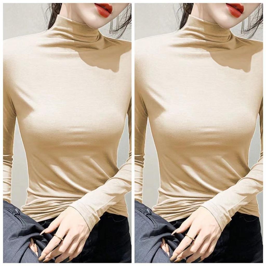 Женский топ-базовый слой с полувысоким воротом для весны и осени, футболка с длинным рукавом, нижнее белье, универсальный облегающий черный топ для ношения сверху