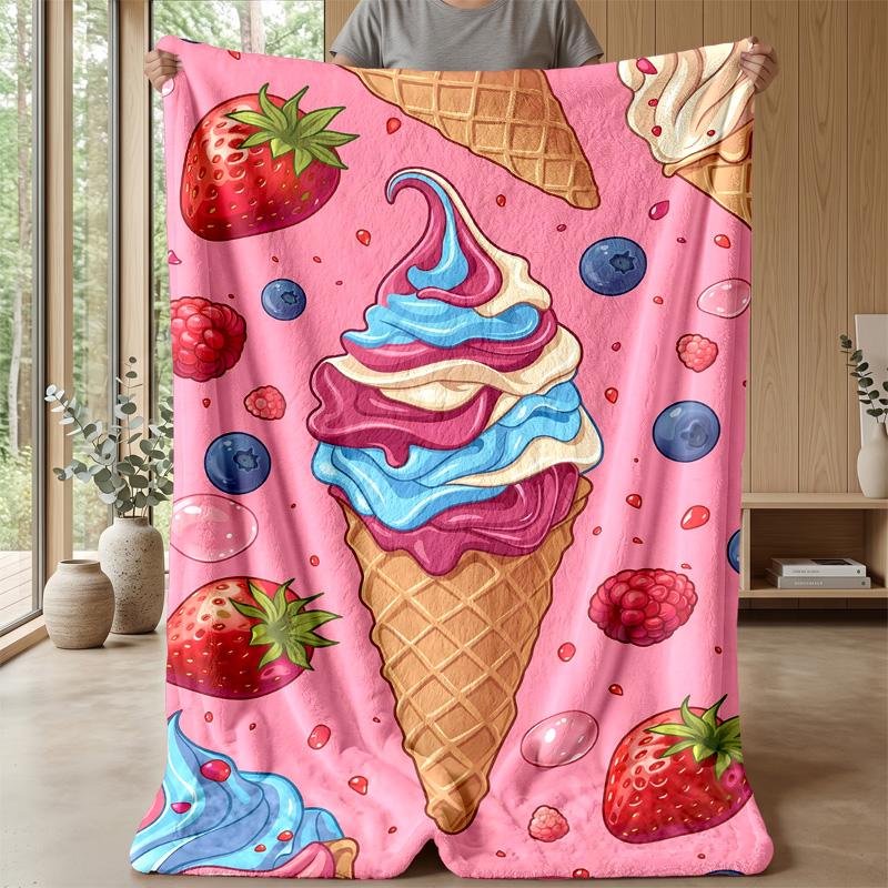 Summer Ice Cream Delight Theme blanket Lightweight Warm Flannel Blanket Decorative Throw Blanket for Home Decoration