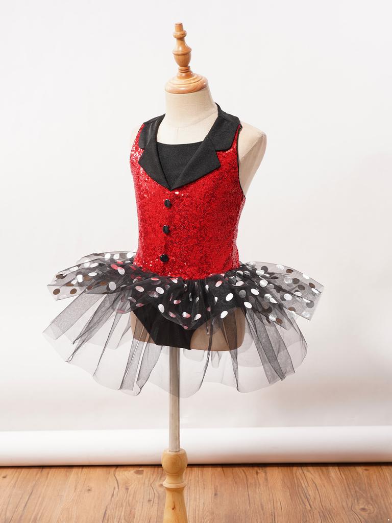 Стильное танцевальное платье в горошек для девочек, безрукавный костюм с воротником и пайетками на спине, сетчатая юбка, одежда для выступлений