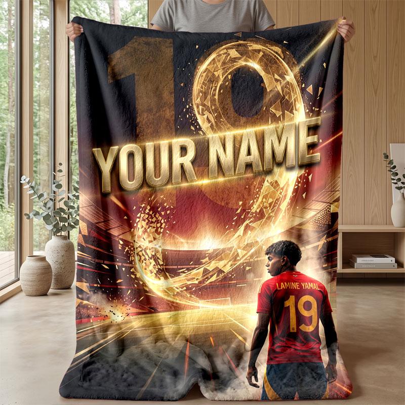 Lamine Yamal Custom Name Text Flannel Blanket Soccer Logo Personalized Fleece Throw Blanket Special Gift For Sofa Bedroom Home