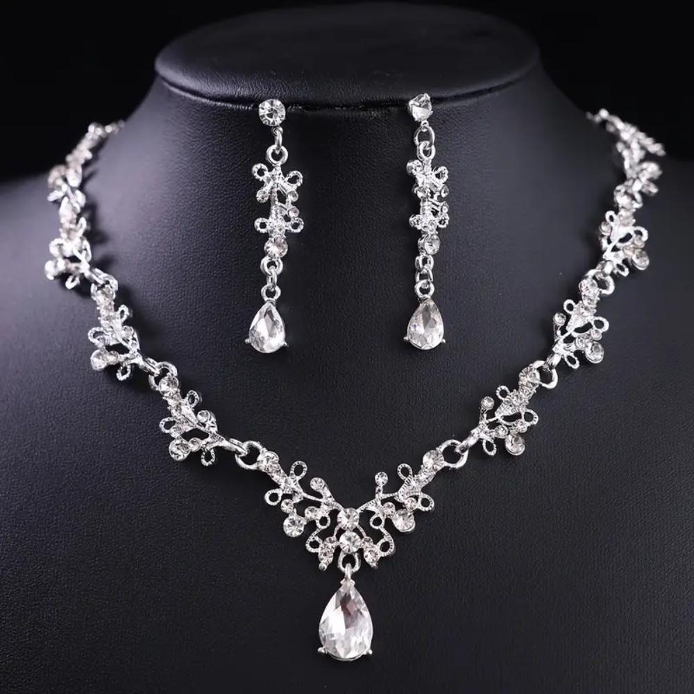3 Pcs Shiny Bride Jewelry Sets Metal Necklace Earrings and Crown Sets Dress Accessories