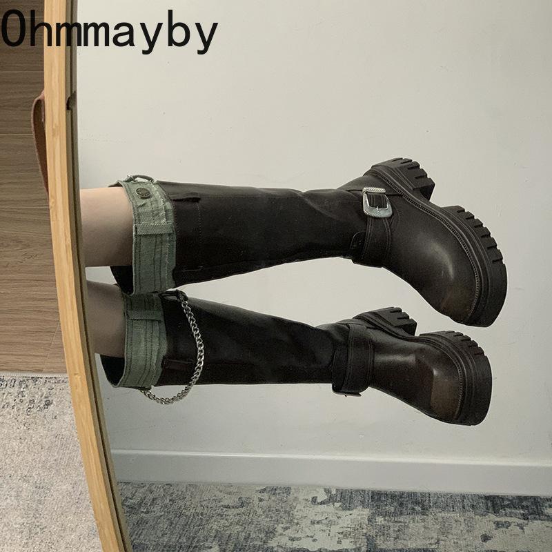 Fashion Platform Women Knight Knee High Boots Fashion Slip On Belt Buckle Long Boots Autumn Winter Women's Thick Heel Shoes