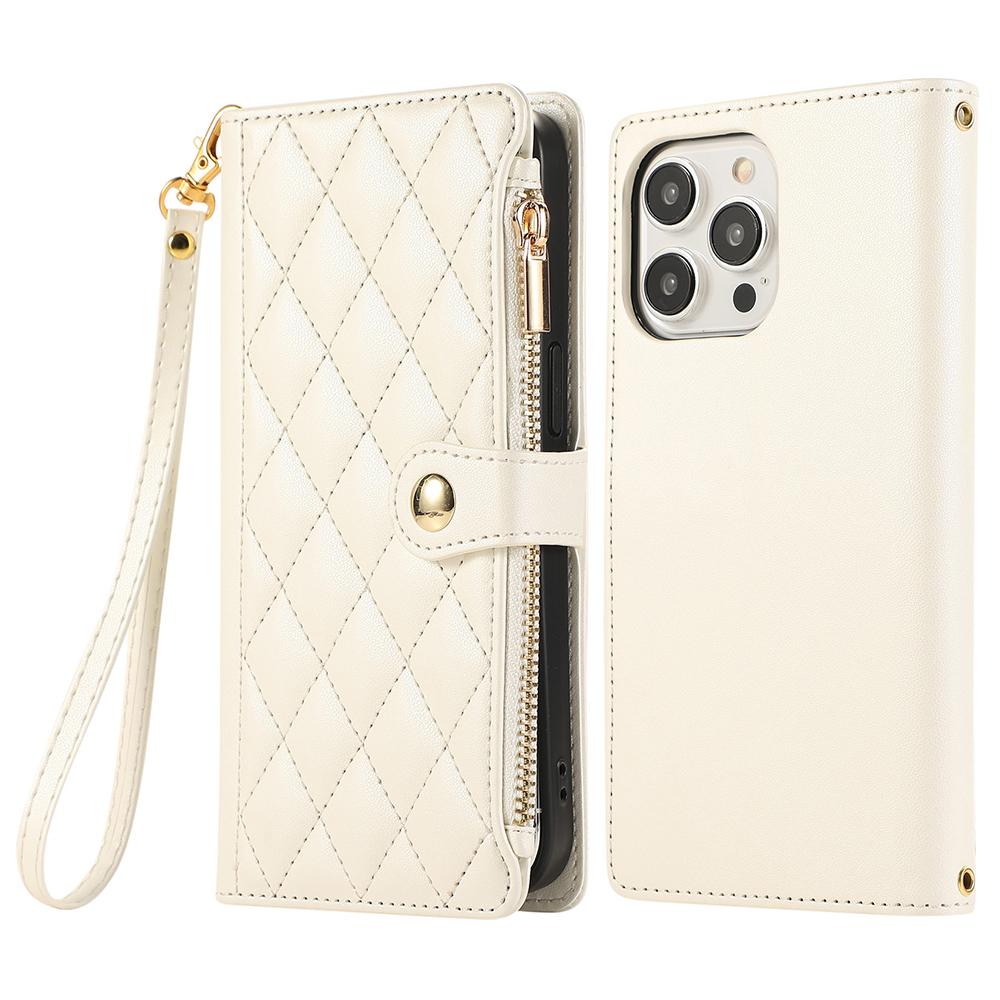 For iPhone 15 Pro Max Case Multi Card Slots Zipper Rhombus Leather Phone Cover with Wrist Strap
