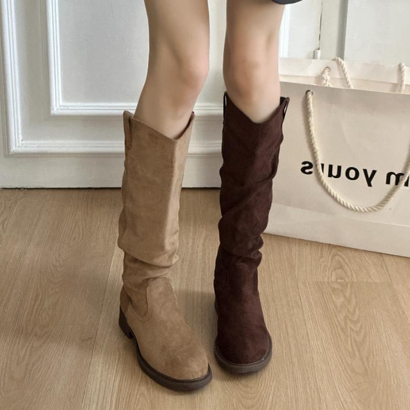 Осень Зима Женские Ковбойские Сапоги на Низком Каблуке Модные Мягкие Плиссированные Туфли Женские Винтажные Слипоны Длинные Ботильоны