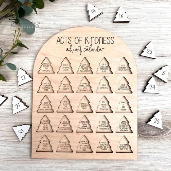 Деревянный рождественский адвент-календарь Акты доброты Адвент-календарь Рождественская елка 25-дневный обратный отсчет календарь для детей Взрослые Доброта Испытания