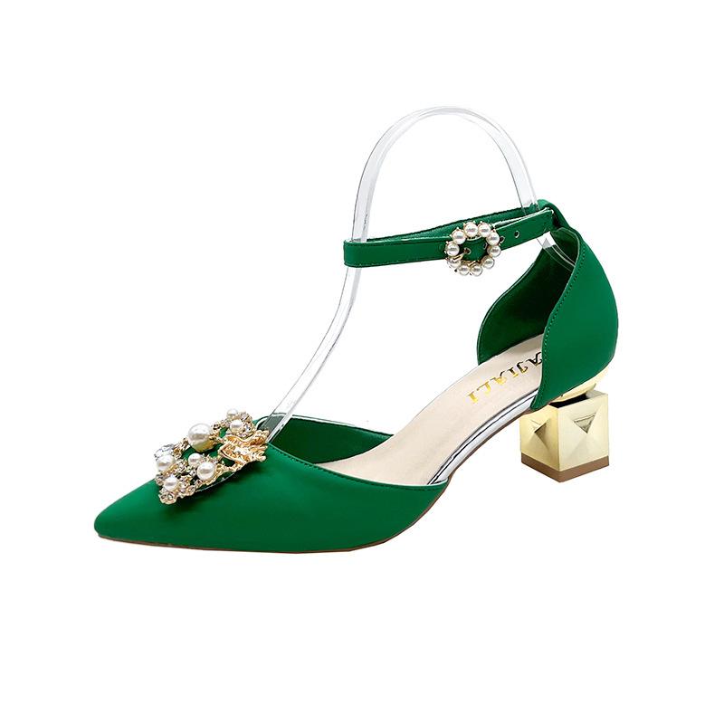 Модные блестящие туфли на высоком каблуке с кристаллами, женские элегантные туфли на квадратном каблуке с жемчужной пряжкой, свадебные туфли для вечеринок, женские туфли с острым носком и ремешком на щиколотке