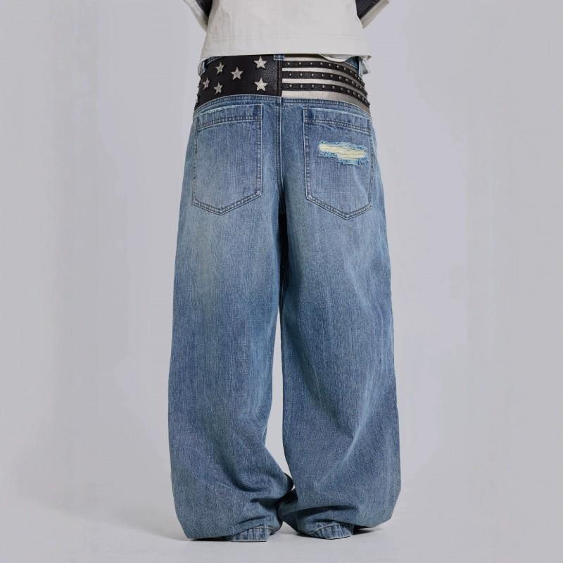 Jaded Vintage Y2K Rivet Flag Patchwork Distressed Loose Straight Jeans Men