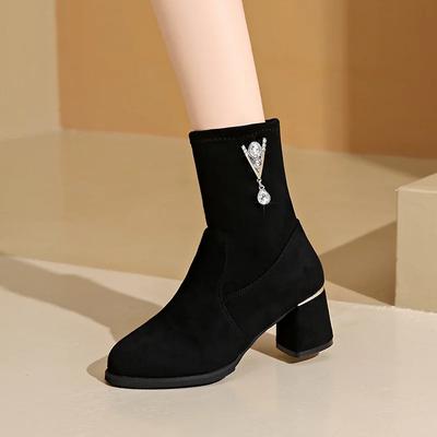 Модная обувь для женщин 2024 года, горячая распродажа, женские сапоги с рукавами, весна-осень, круглый носок, замшевые однотонные, короткие, на каблуках-бочонках, модные сапоги