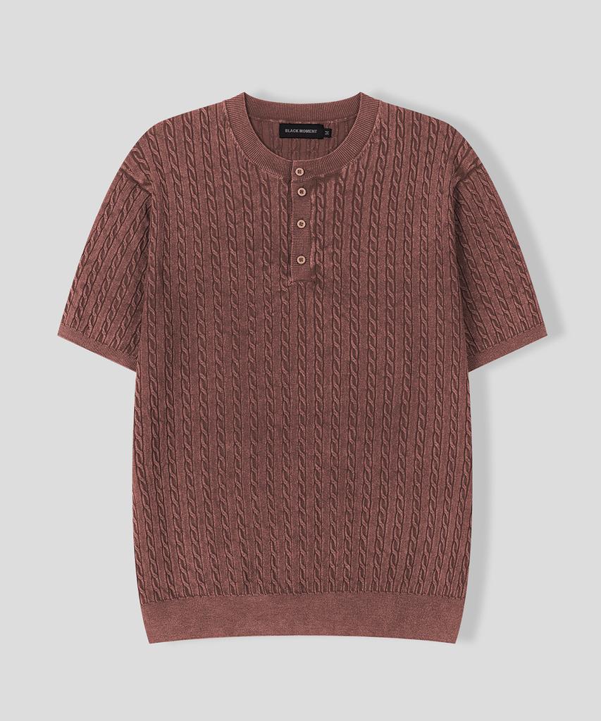 BLACK MOMENT Summer Cable Knit Henley Neck Short Sleeve Tee [Light Gray]