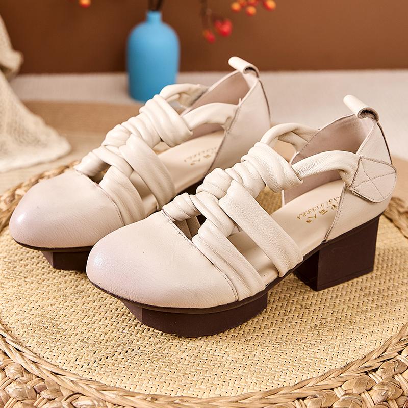 GKTINOO 2025 Новые женские сандалии Летние сандалии-гладиаторы из плетеной натуральной кожи в стиле ретро с круглым носком и повседневным высоким каблуком