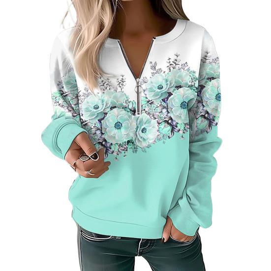 Женский осенне-весенний свитер с цветочным принтом, v-образный вырез, молния, декор, пуловер с длинными рукавами, мягкий повседневный толстый эластичный манжет, женский топ, блузка