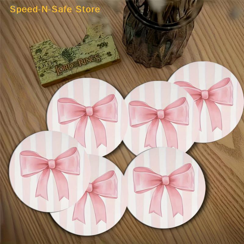 NonSlip Car Cup Mat Pink Bow Print Universal Coasters Set for Cute Vehicle Interior Styling