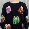 Women Christmas Sweatshirt Sequin Gift Box Pattern Colorful Round Neck Long Sleeve Loose Mid Length Pullover Party Holiday Top