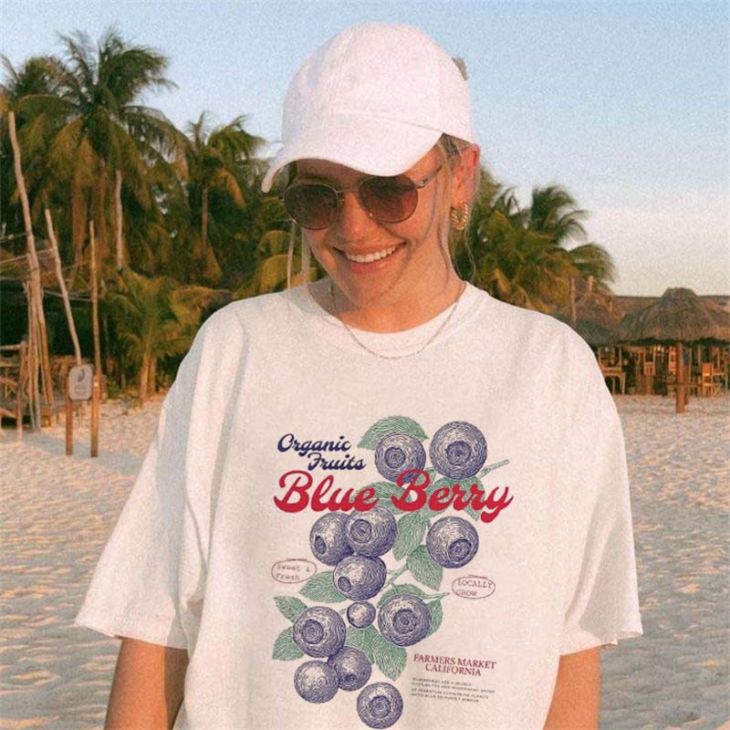 Blueberry Fruit Pattern Printed Womens TShirt Casual Round Neck Short Sleeved Street Womens White Top Travel Beach TShirt