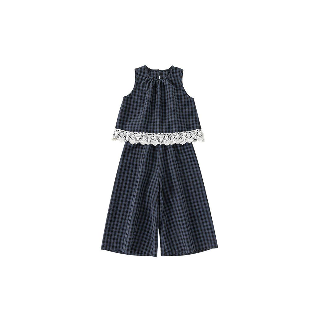 Kid Summer Sleeveless Top And Pants Set With Checkered Pattern And Lace Design For Kids Ages 8 And Up