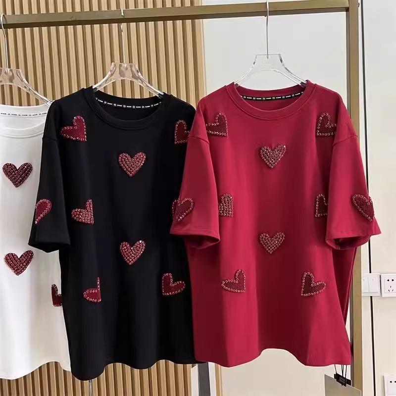 Весна-лето Женская футболка с вышивкой Love, свободные топы с коротким рукавом и бисером