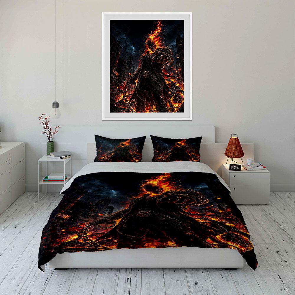 Flaming skull and cityscape. Bedding sets Duvet cover sets Duvet covers Pillowcases(1 * Duvet Cover 2 * Pillowcases without duvet insert)