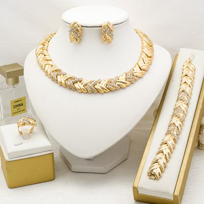 Дубайский цирконовый набор для женщины 18K позолоченный роскошный набор ожерелье, серьги, браслет и кольцо циркон свадебная вечеринка трендовый