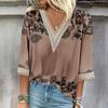 Женская рубашка, блузка, повседневные свободные рубашки, рукава 3/4, кружевные топы с v-образным вырезом и принтом, топы с принтом, футболки, футболки