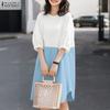 Women Round Neck 3/4 Sleeve Loose Patchwork Summer Dress