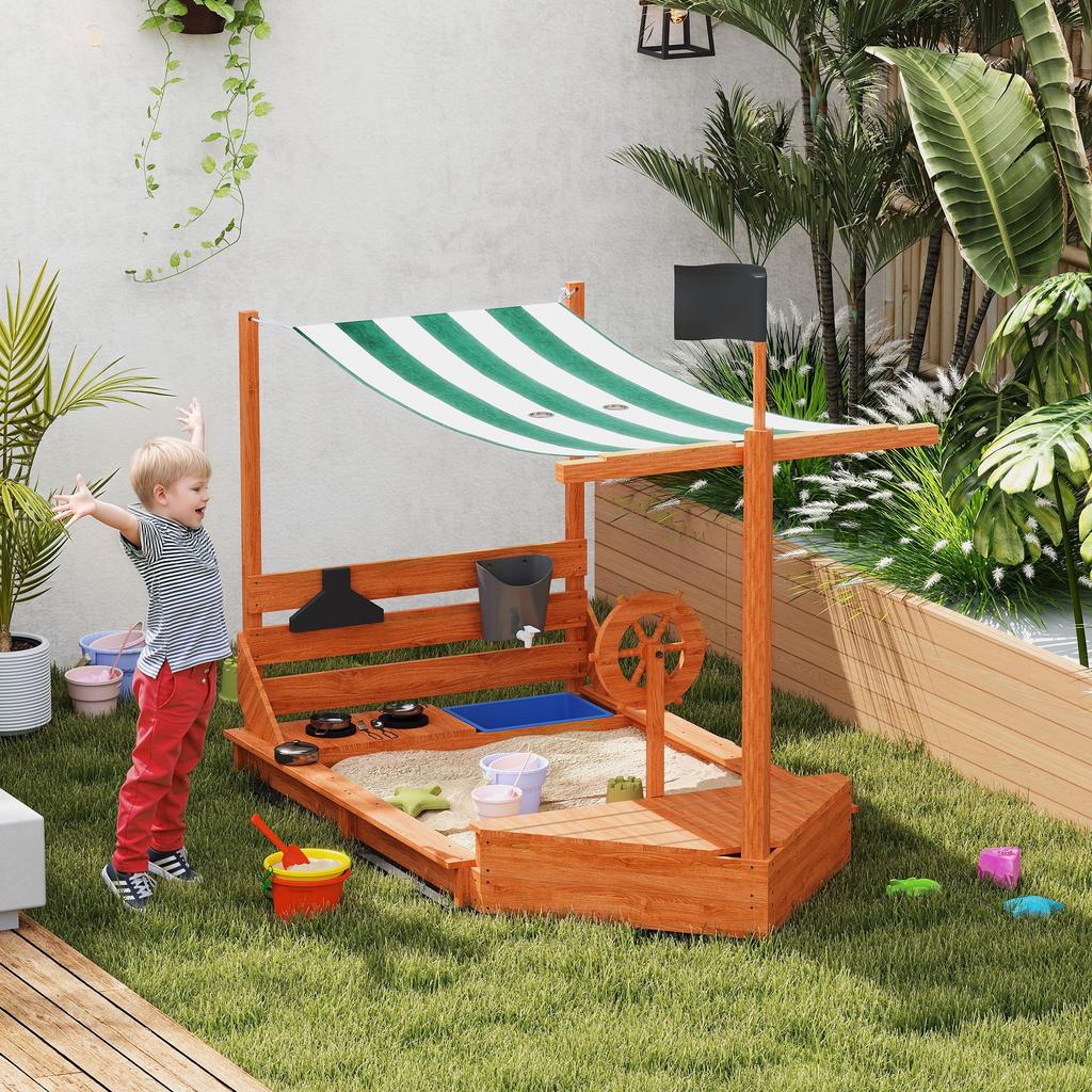 Sandbox with Sun Canopy, Pirate Ship, incl. Children's Kitchen Play Set, Solid Wood, 180 x 103 x 144.5 cm, Green