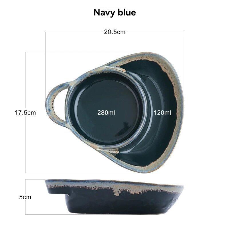 Retro single-handle breakfast grid ceramic baking pan creative baked rice snack fruit salad plate personalized breakfast plate, navy blue