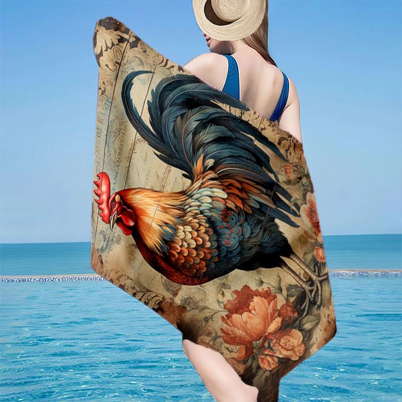 Rooster In Vintage Garden Beach Towel, Super Soft Microfiber, Gift for Her/Him, Birthday, for Pool, Beach, Travel, Home Decor Fan gifts