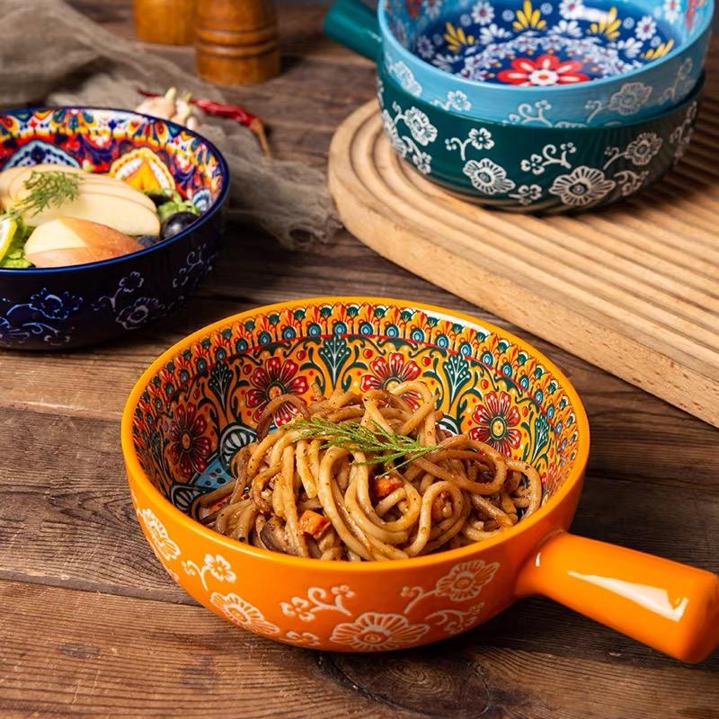 Bohemian Ceramic Handle Bowl, Home Creative Fruit Salad Bowl, Instant Noodle Bowl With Handle, Oven Baking Bowl, Heat-Resistant