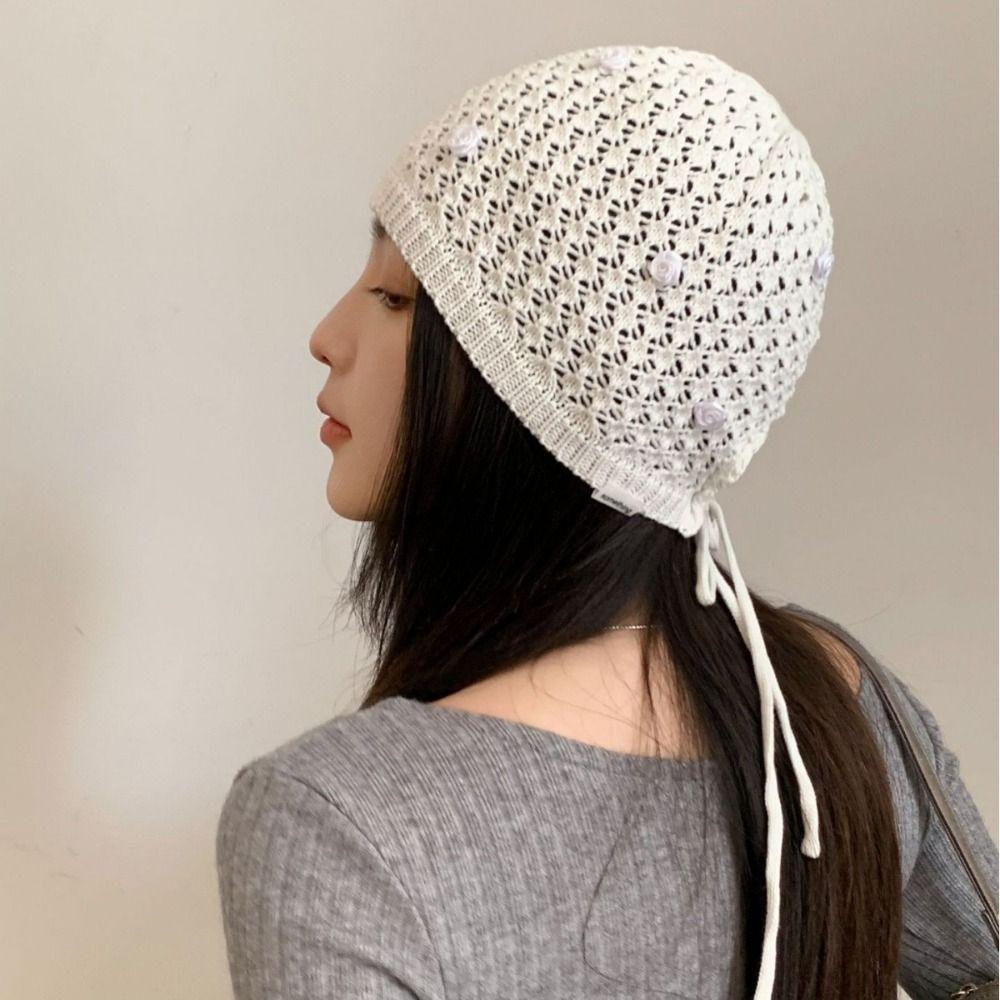 Hollowed Out Knitted Hat Casual Sun Visor Breathable Beret Cap for Women