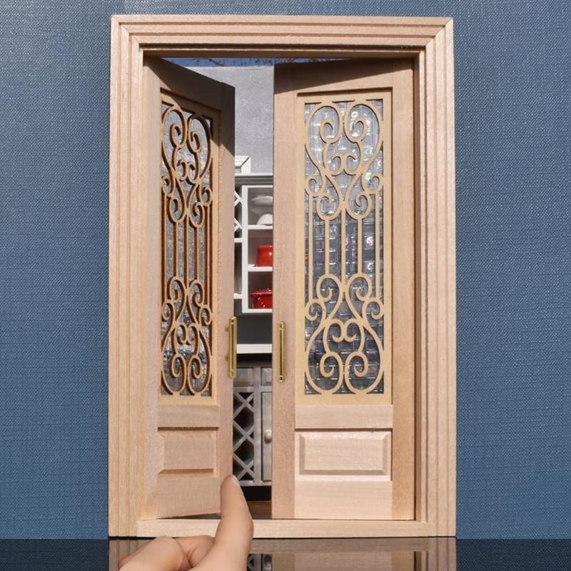 Miniature Unfinished Wooden Double Hinged Door For DIY Dollhouses Accessories 1/12 Scale Model Building Safe For Kids