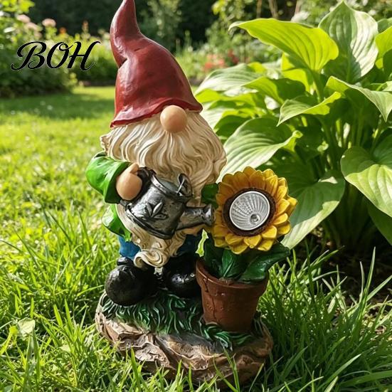 Realistic Resin Gnome Sculptures Solar Sunflower Garden Statue with LED Lights, Waterproof Figurine Weatherproof Patio Ornaments for Outdoor Yard Lawn