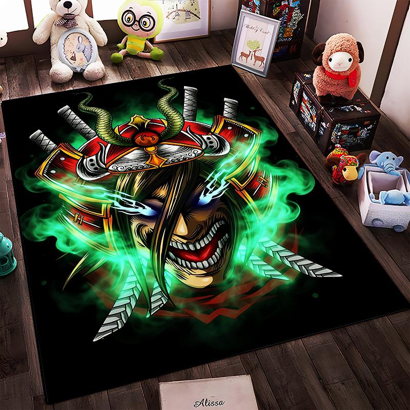Samurai Mask Design Carpet with Green Smoke and Sword Patterns Suitable for use as an anti-slip for living room bedroom sofas