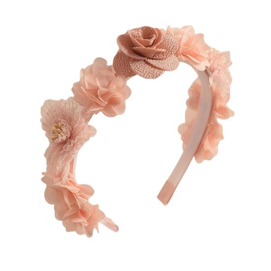 Soft Yarn Headband with Gauze Flowers Faux Pearls Decor Romantic Style Elastic Crown Hairband Parties Weddings Daily Wear