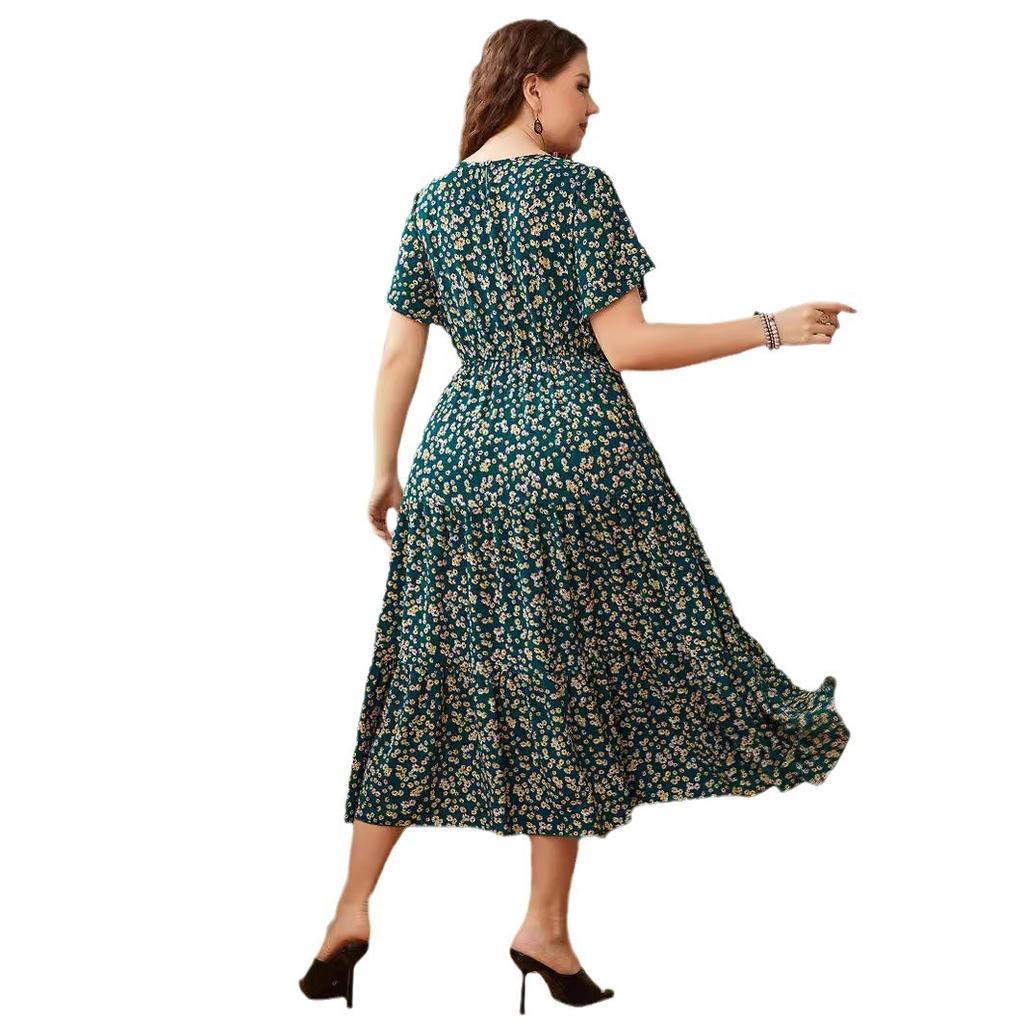 Plus Size Women's Dress Round Neck Printed Loose Large Swing Women's Dresses