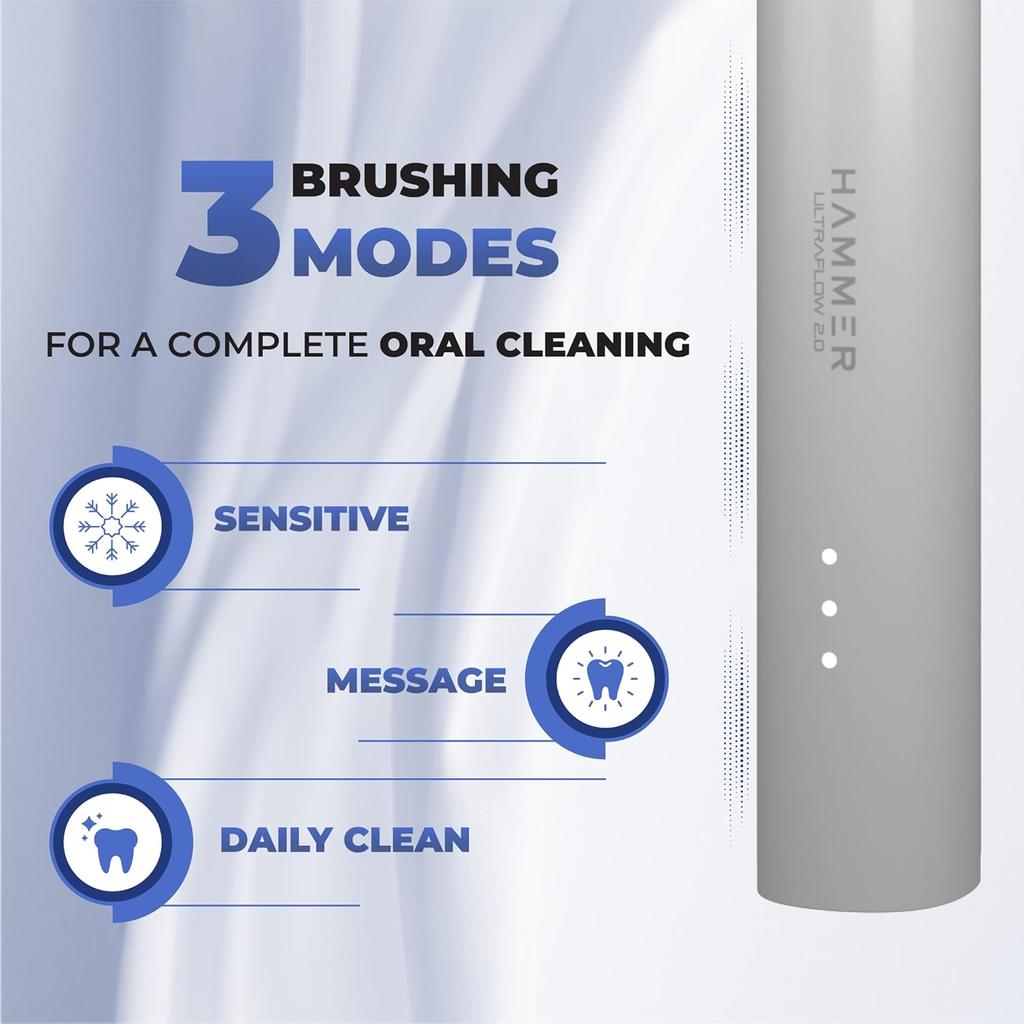 Hammer Электрическая зубная щетка Ultra Flow 2.0 и 2 сменные насадки для мужчин и женщин, 3 режима чистки, аккумулятор (белый)