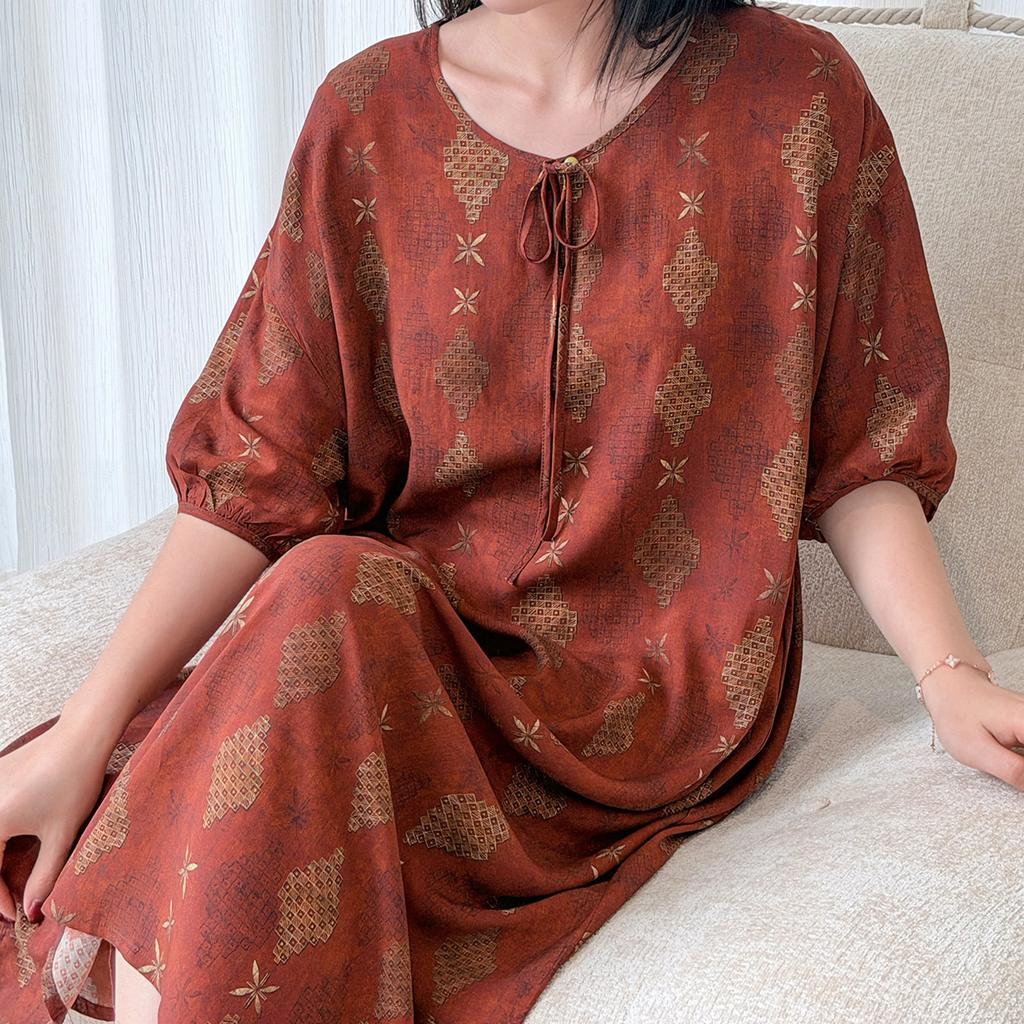 New Chinese retro nightdress with chest pad women's summer cotton and silk round neck short-sleeved anti-bumping loungewear can be worn outside skirts