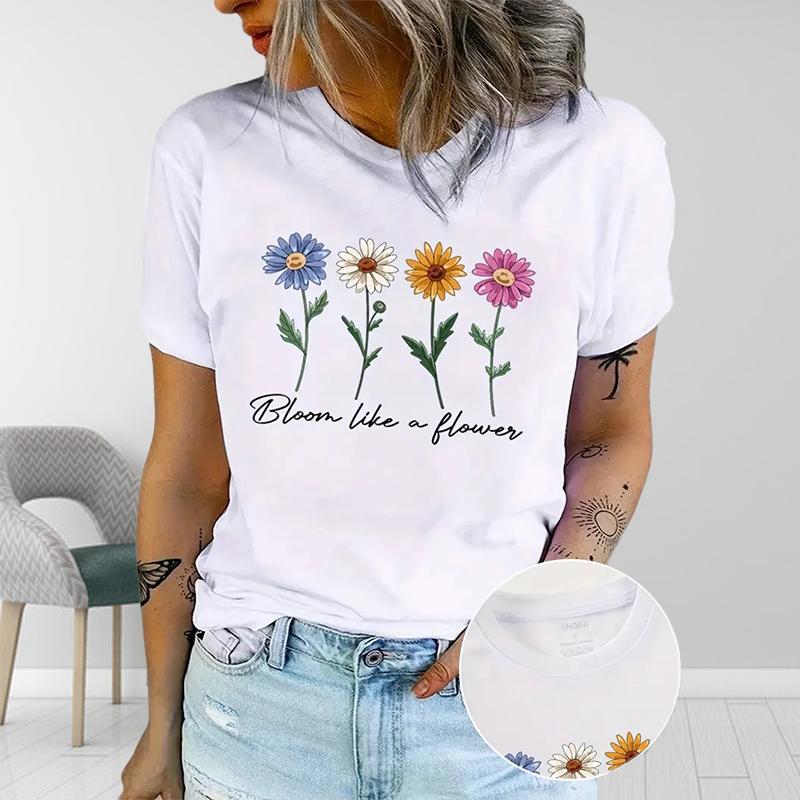 Women Summer T Shirt Print Fresh Little Flower Short Sleeve Tees Casual Printed Tops