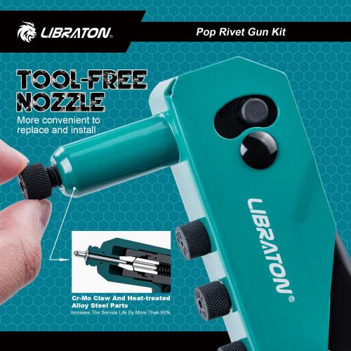 LIBRATON Hand Riveter Set, Includes 120 Blind Rivets, 4 Drill Bits, and 4 Toolless Nose Pieces, Riveting Tool Set