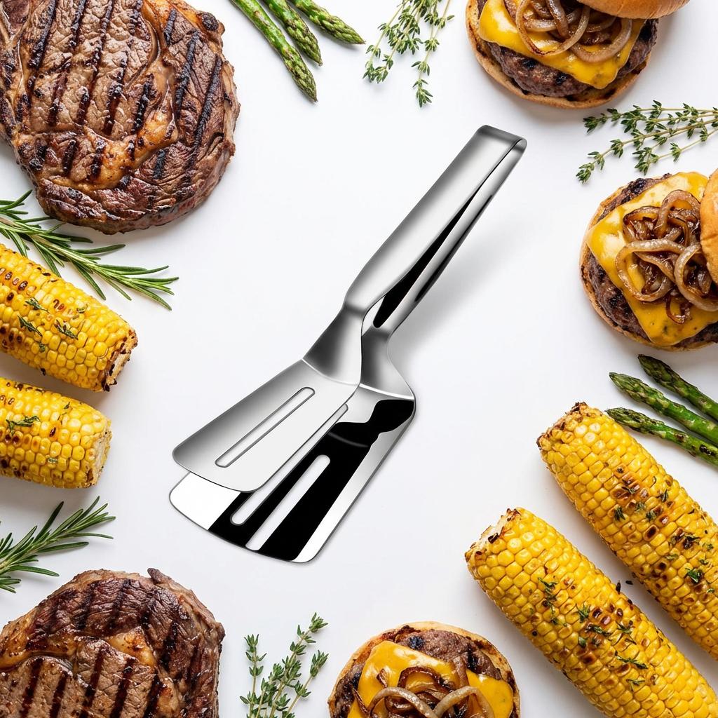 Durable Stainless Steel Steak Clip - Multifunctional Grill Tongs with Spatula, Essential BBQ Tool for Steak & Meat