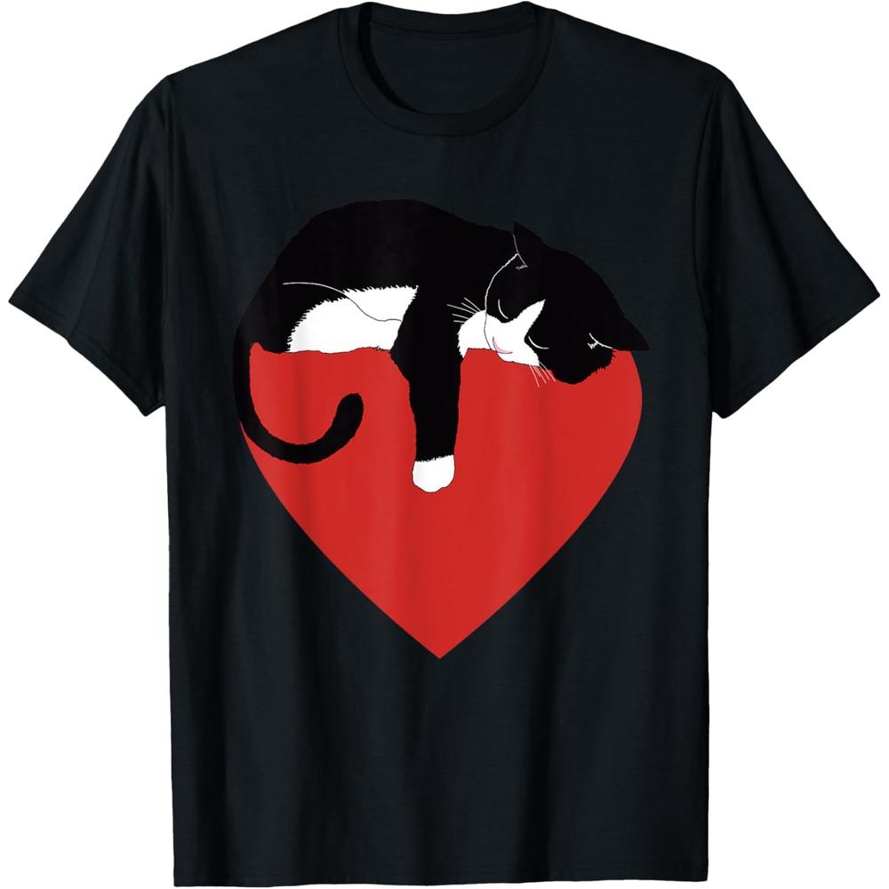 Funny Black Cat Valentine's Day Heart Tuxedo Cat Lover Cotton Men T Shirt