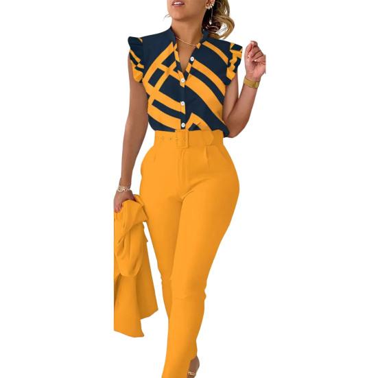 2 шт./компл. летние наряды с v-образным вырезом на пуговицах и высокой талией с рюшами на рукавах и принтом, повседневная одежда, одинаковый пояс