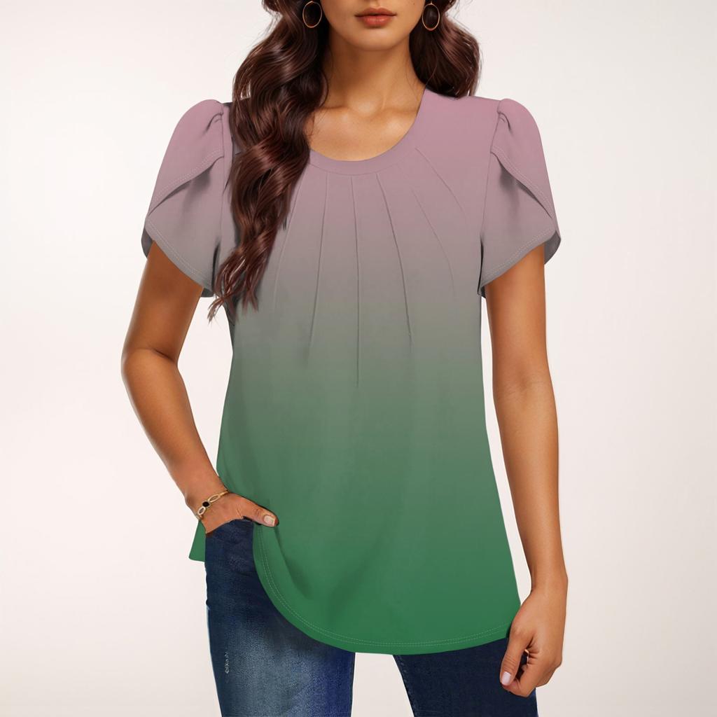 Женская модная футболка с круглым вырезом и коротким рукавом с градиентным принтом, повседневная базовая плиссированная футболка-пуловер