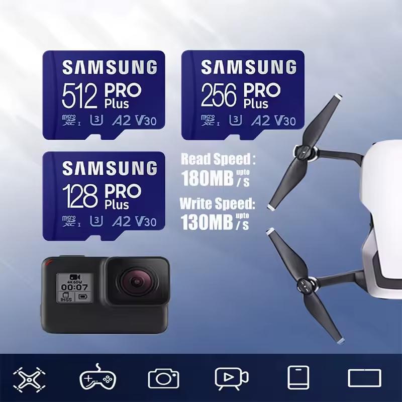 Samsung Карта памяти PRO Plus microSD 256 ГБ microSDXC,512 ГБ 128 ГБ До 180 МБ/с, Full HD и 4K, UHS I, C10, U3, V30, A2, для телефонов GoPRO и камеры дрона DJI