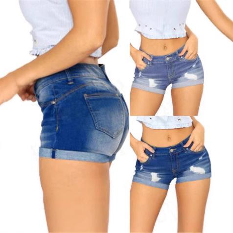 Women High Waist Ripped Denim Shorts Roll Cuff Hem Stretchy Jean Hot Pants Summer Casual Sexy Short Jeans For Daily Beach Wear