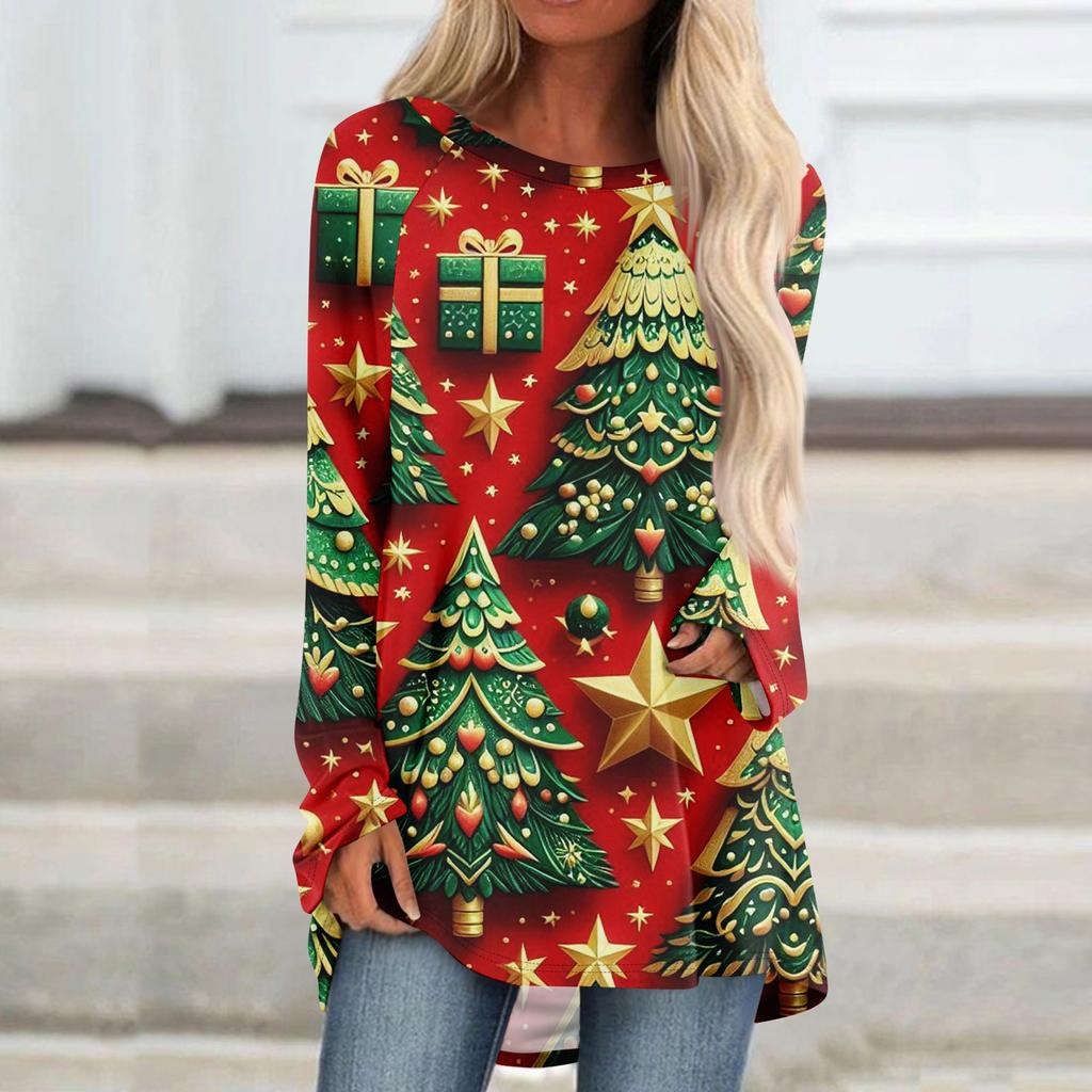 Women's Fashionable Loose Mid-length Round Neck Pullover Christmas Printed Raglan Sleeves Long-sleeved Casual Top