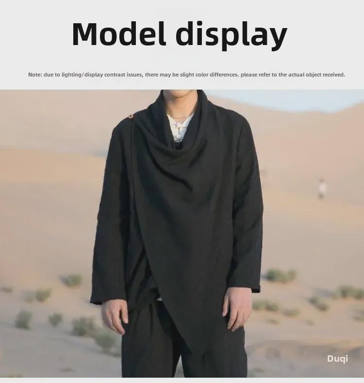 Мужская ветровка буддийского ханьфу весна/осень: Даосский халат средней длины из хлопка и льна