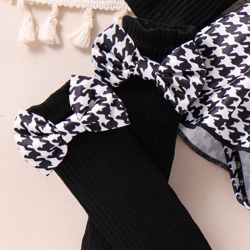 2 шт. Осенью для девочек в возрасте от 0 до 1 года: удобный, милый и симпатичный черный топ + юбка с узором «гусиная лапка» + повязка для волос